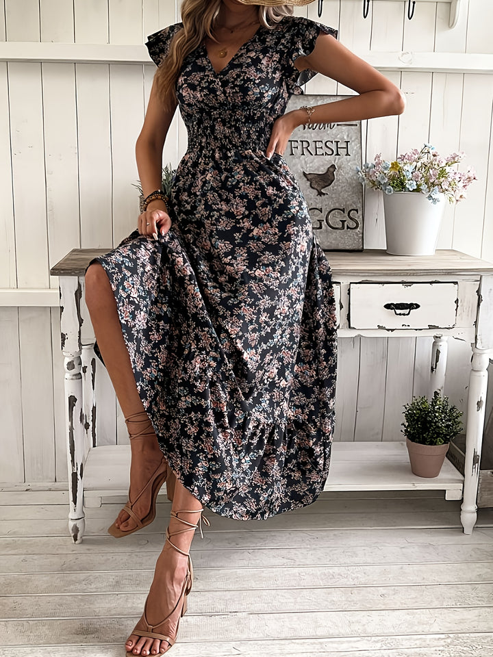 Floral Print Shirred Waist Dress, Vacation Style Ruffle Sleeve A-line Dress For Spring & Summer, Women's Clothing