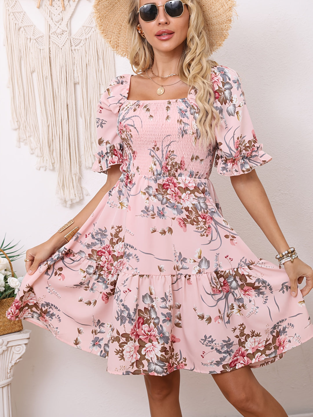 Floral Print Square Neck Shirred Dress, Elegant Short Sleeve Ruffle Hem A-line Dress for Spring & Summer, Women's Clothing