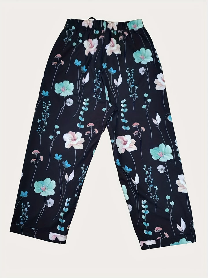 Women's Versatile Floral Drawstring Pants - Straight-Leg Style with Dual Pockets, Comfort-Fit for All Seasons, Ideal for Casual Outings and Everyday Wear