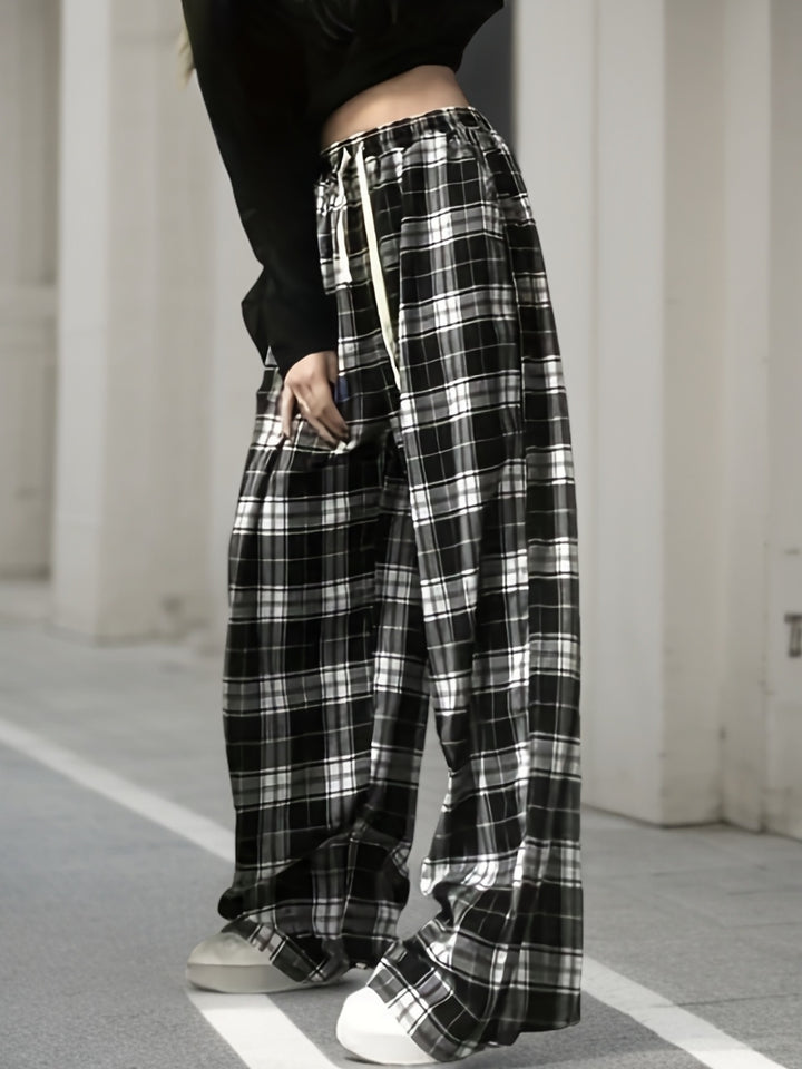 Women's Plaid Gothic Pants with Elastic Waist and Loose Wide Legs