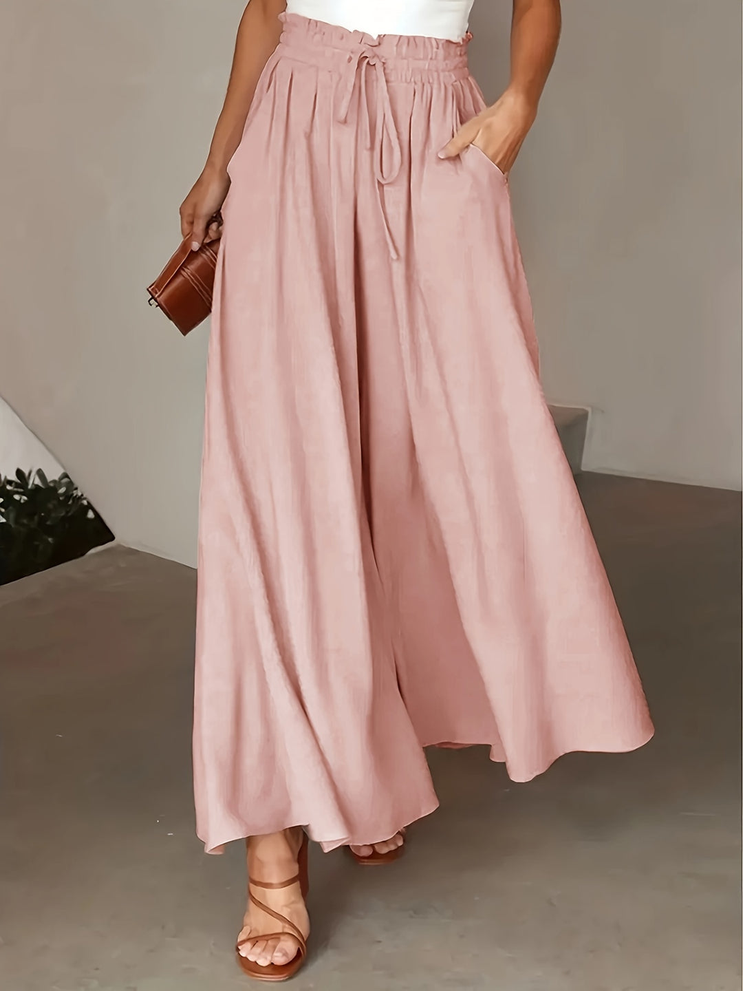 Chic Elastic Waist Tied Wide Leg Pants - Casual Loose Fit for Spring & Summer - Comfortable Womens Clothing