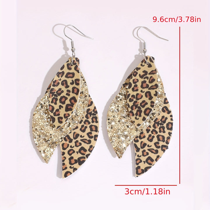 Vintage Triple Leopard PU Leather Sequin Layer Earrings