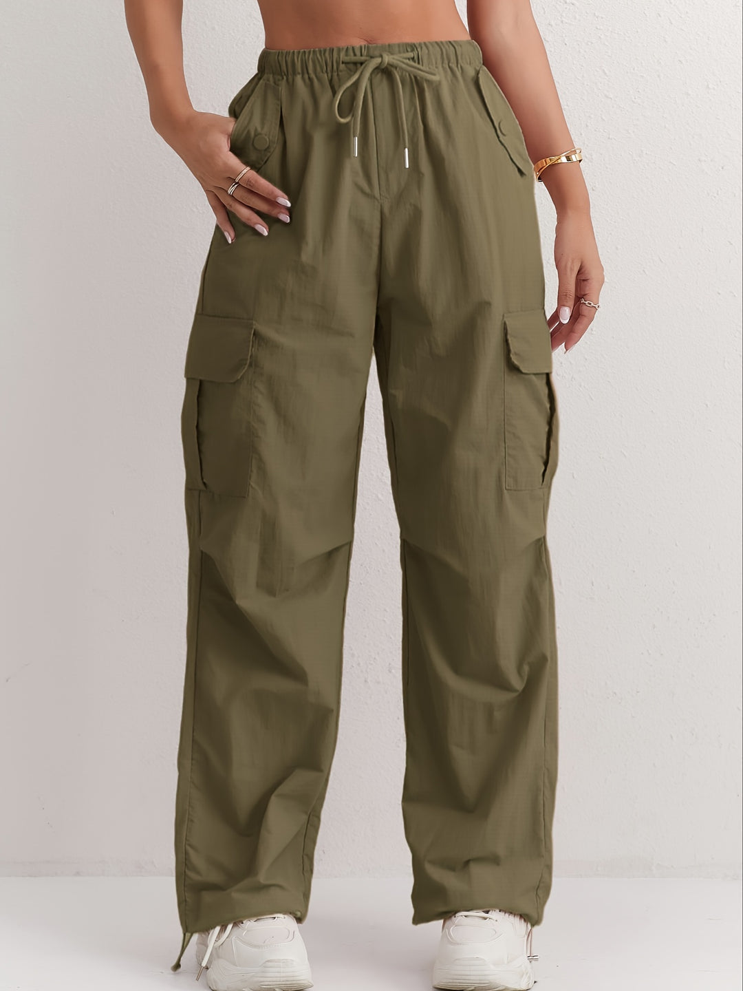 Slant Pockets Straight Leg Cargo Pants, Casual Drawstring Waist Pants For Spring & Summer, Women's Clothing