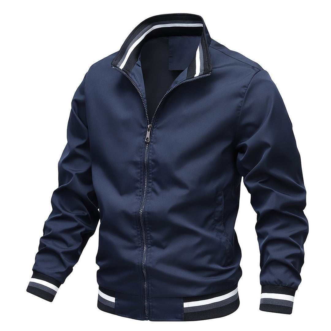 Stripe Edge Bomber Jacket, Men's Casual Stand Collar Zip Up Jacket For Spring Summer Outdoor