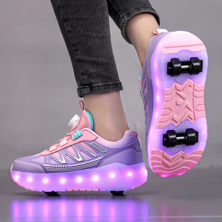 Girls' Dual-Purpose LED Light-Up Roller Skate Shoes with 16 Flashing Modes, Pink & Purple - Casual & Outdoor Sneakers with Rotary Buckle, Breathable Fabric, Low Top, Lightweight EVA/TPR Sole for Hiking, Daily Wear - All-Seaso