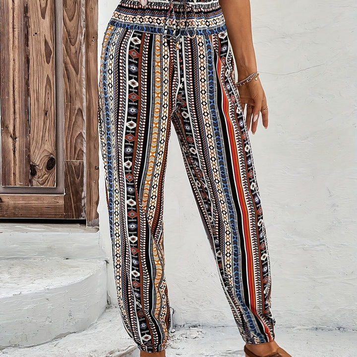 Tribal Print Drawstring Jogger Pants, Vacation High Waist Jogger Pants For Spring & Summer, Women's Clothing