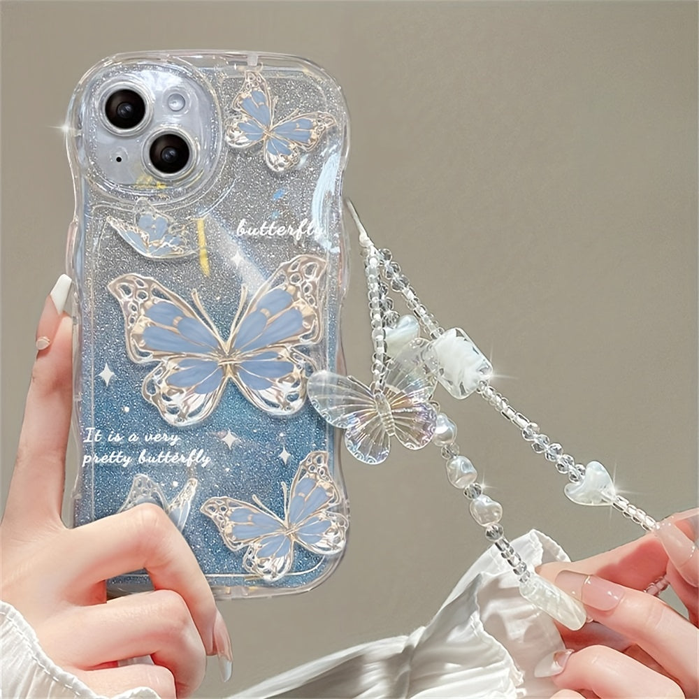 Luxury Romantic Wave Glitter Butterfly Soft Phone Case for iPhone 14 Pro Max 12 Pro 13 11 Clear Cover with Chain Lanyard