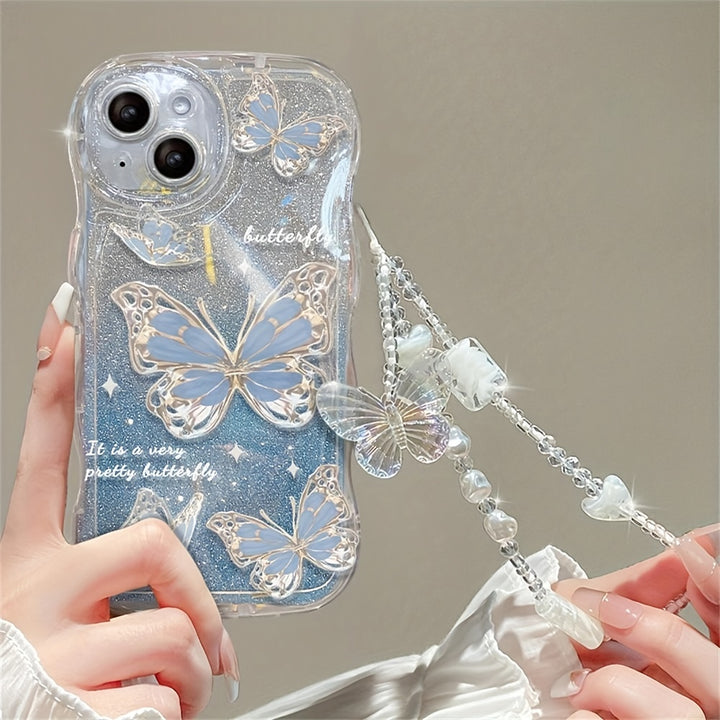 Luxury Romantic Wave Glitter Butterfly Soft Phone Case for iPhone 14 Pro Max 12 Pro 13 11 Clear Cover with Chain Lanyard