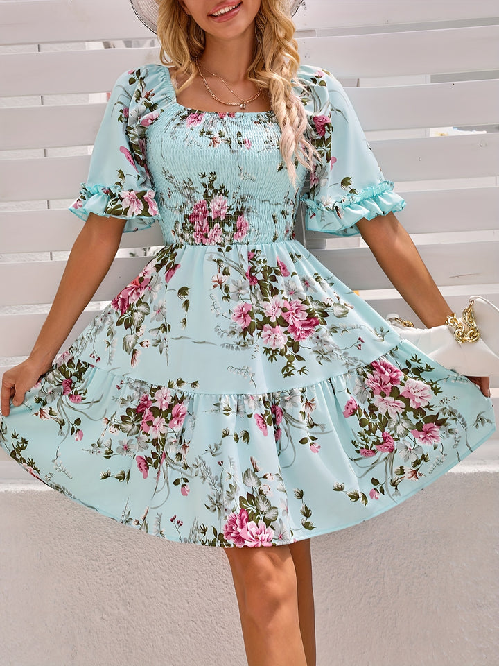 Floral Print Square Neck Shirred Dress, Elegant Short Sleeve Ruffle Hem A-line Dress for Spring & Summer, Women's Clothing