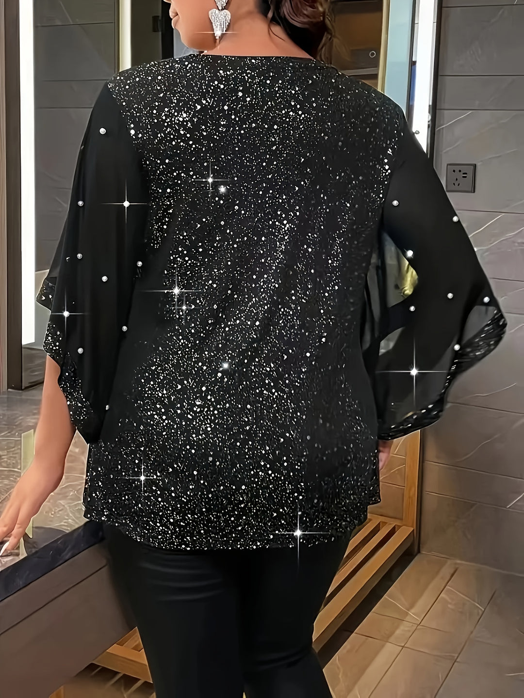 Plus Size Shiny Solid Beaded Top, Casual Crew Neck Irregular Sleeve Top For Spring & Summer, Women's Plus Size Clothing