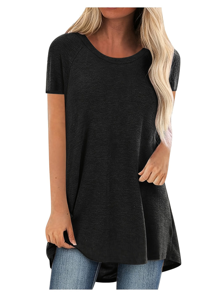 Solid Longline T-Shirt, Crew Neck Short Sleeve T-Shirt, Casual Every Day Tops, Women's Clothing