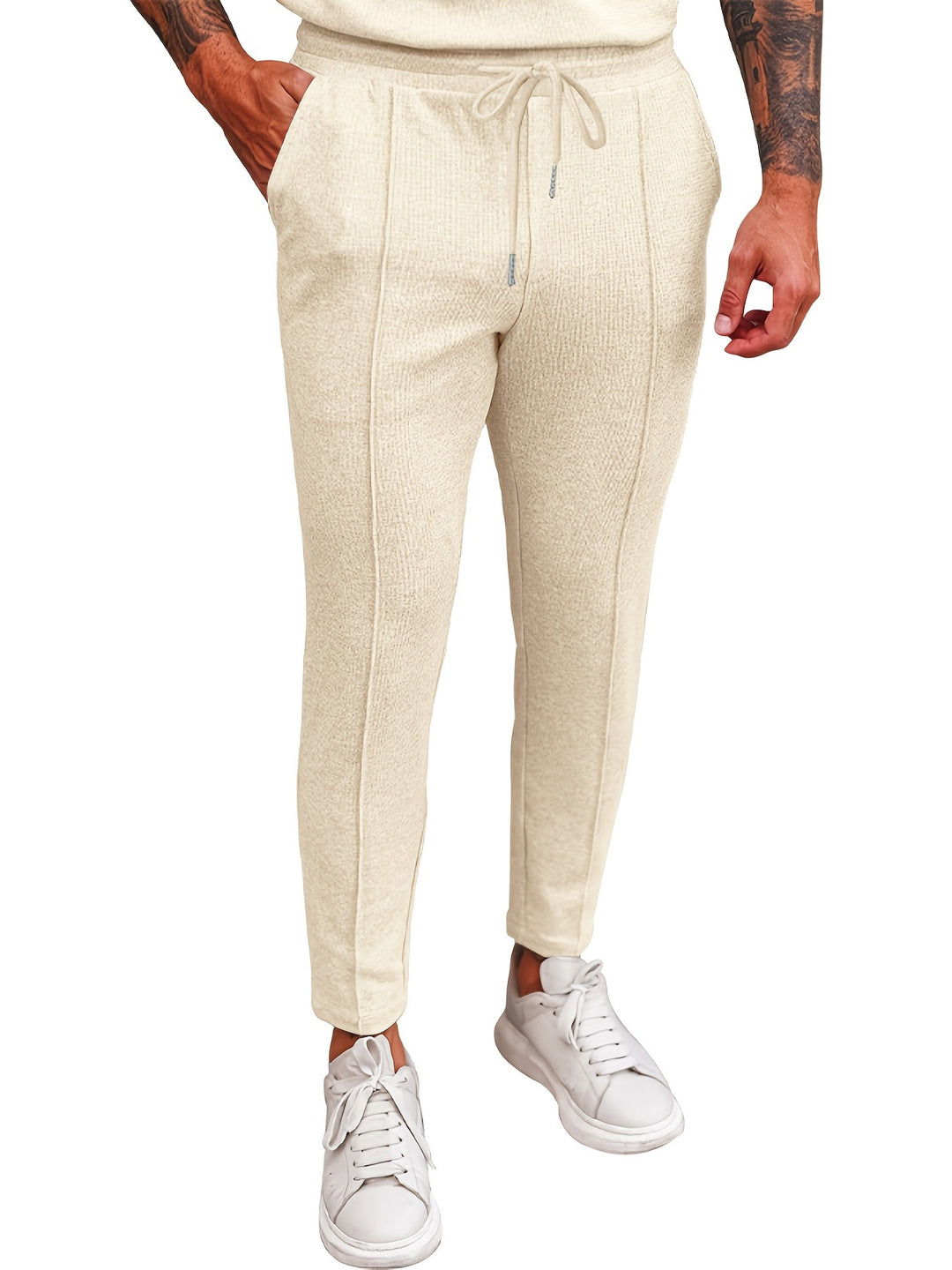 Mens Comfortable Waffle Joggers - Adjustable Drawstring, Slight Stretch - Perfect for Spring Autumn Running, Casual Sportswear