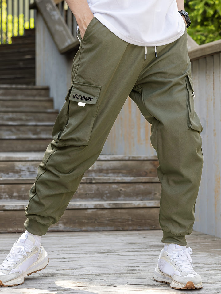 Loose Men's Comfy Cargo Pants With Flap Pockets, Drawstring Jogger Pants