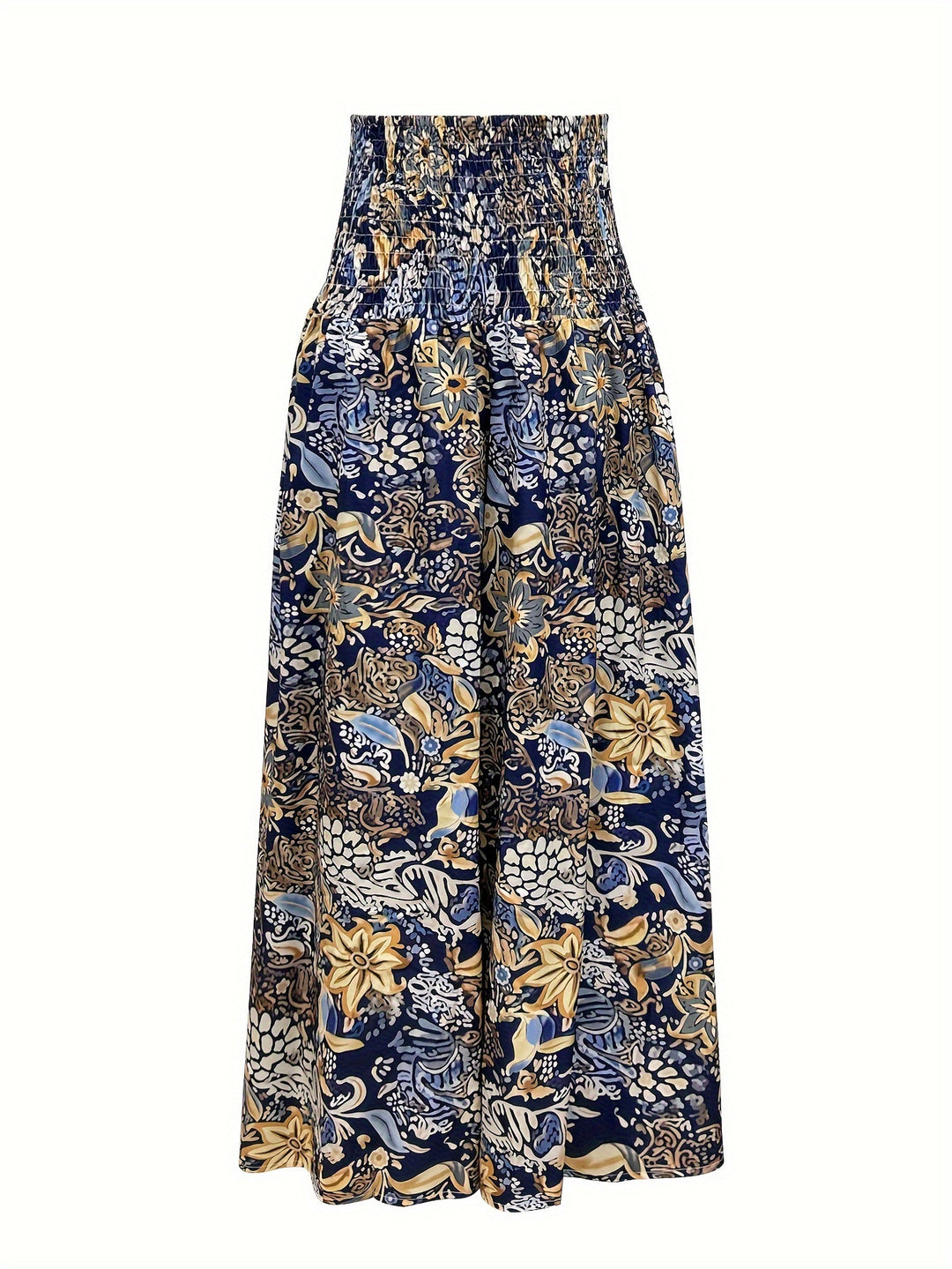 Vibrant Boho Floral Print High Waist Shirred Waist Pants - Soft, Breathable, Comfortable, Versatile, and Flattering - Perfect for Spring and Summer, Womens Casual Clothing, Ideal for Outdoor Activities and Daily Wear