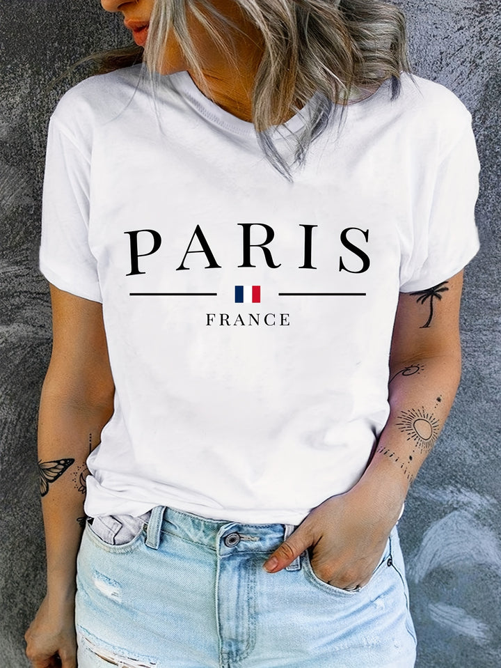 PARIS Print T-shirt, Short Sleeve Crew Neck Casual Top For Summer & Spring, Women's Clothing