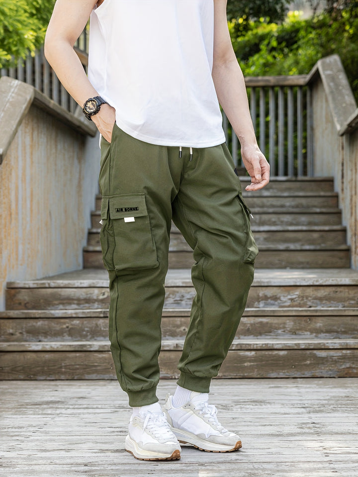 Loose Men's Comfy Cargo Pants With Flap Pockets, Drawstring Jogger Pants