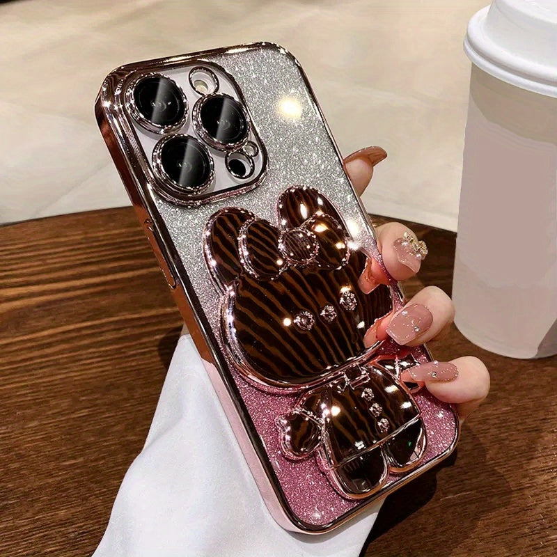 Kawaii Cat Invisible Make-up Mirror Bracket With Lens Film Gradient Flash Powder Advanced Sense All-inclusive Anti-fall Phone Case For Apple Iphone