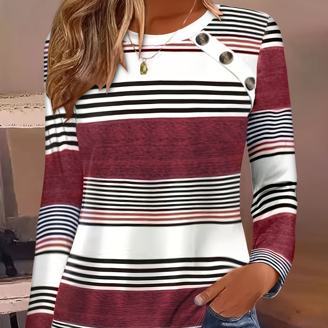 Elegant Women's Striped Long Sleeve T-Shirt with Chic Button Detail - Crew Neck, Comfort Fit, Machine Washable - Perfect for Daily Wear