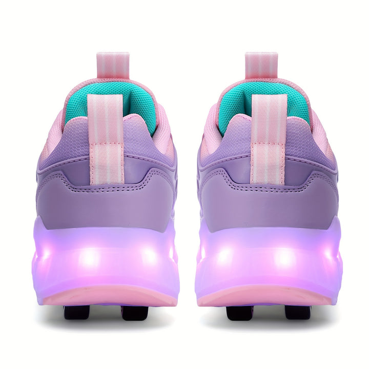 Girls' Dual-Purpose LED Light-Up Roller Skate Shoes with 16 Flashing Modes, Pink & Purple - Casual & Outdoor Sneakers with Rotary Buckle, Breathable Fabric, Low Top, Lightweight EVA/TPR Sole for Hiking, Daily Wear - All-Seaso