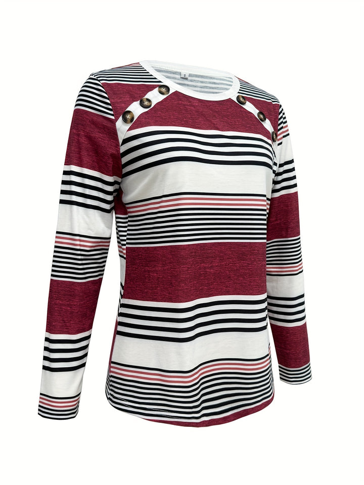 Elegant Women's Striped Long Sleeve T-Shirt with Chic Button Detail - Crew Neck, Comfort Fit, Machine Washable - Perfect for Daily Wear