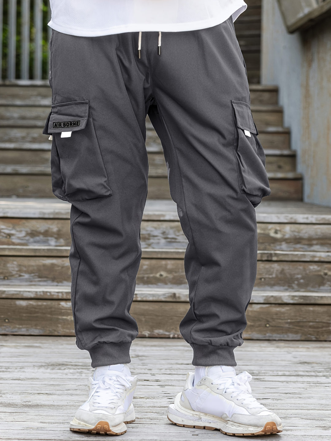 Loose Men's Comfy Cargo Pants With Flap Pockets, Drawstring Jogger Pants