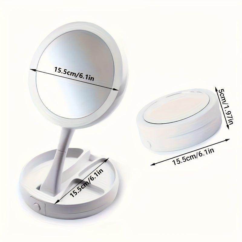 Foldable LED Vanity Mirror – 1X/10X Magnification with Storage