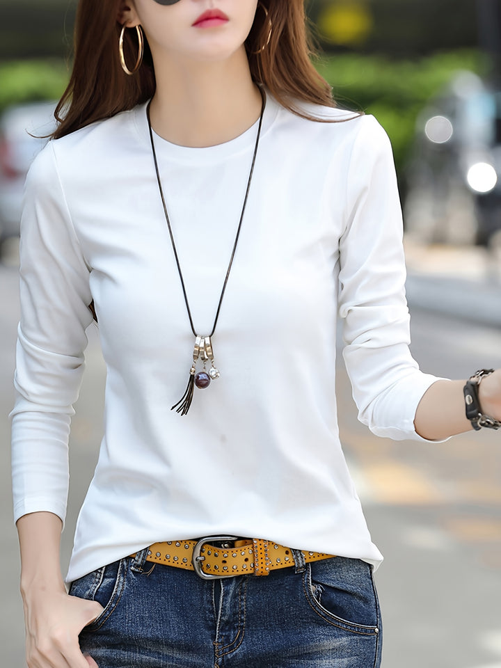 Solid Long Sleeve T-Shirt, Crew Neck Casual Every Day Top For Spring & Fall, Women's Clothing