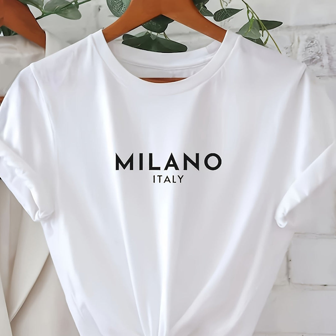 Milano Letter Print T-shirt, Casual Crew Neck Short Sleeve Top For Spring & Summer, Women's Clothing