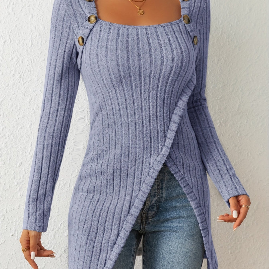 Square Neck Slim Fit Knit Button Decor Slit Hem Slim Fit Casual Long Sleeve T-shirt