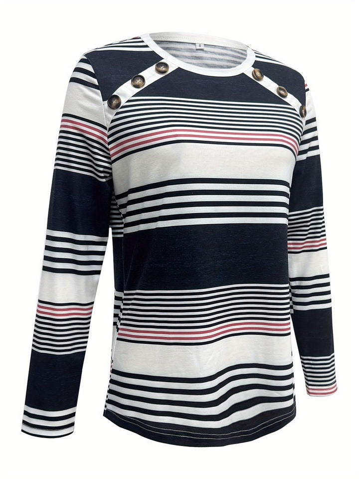 Elegant Women's Striped Long Sleeve T-Shirt with Chic Button Detail - Crew Neck, Comfort Fit, Machine Washable - Perfect for Daily Wear