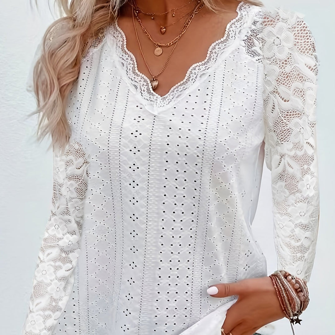 Contrast Lace V-neck Eyelet T-Shirt, Elegant Long Sleeve T-Shirt For Spring & Fall, Women's Clothing