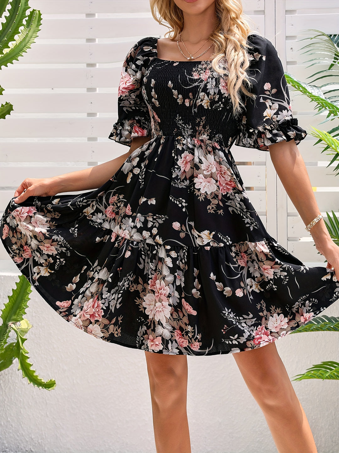 Floral Print Square Neck Shirred Dress, Elegant Short Sleeve Ruffle Hem A-line Dress for Spring & Summer, Women's Clothing