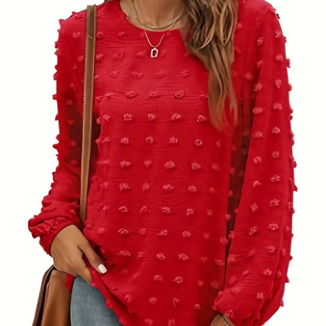 Plus Size elegant Top, Women's Plus Solid Swiss Dot Lantern Sleeve Round Neck Tunic Top