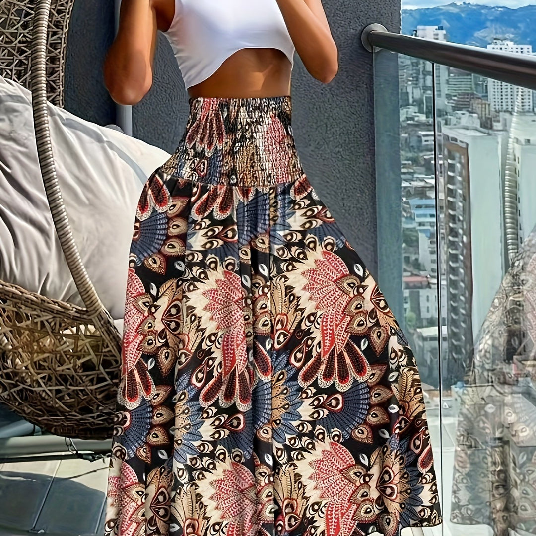 Vibrant Boho Floral Print High Waist Shirred Waist Pants - Soft, Breathable, Comfortable, Versatile, and Flattering - Perfect for Spring and Summer, Womens Casual Clothing, Ideal for Outdoor Activities and Daily Wear