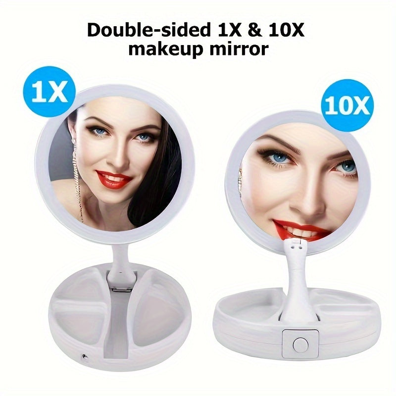 Foldable LED Vanity Mirror – 1X/10X Magnification with Storage