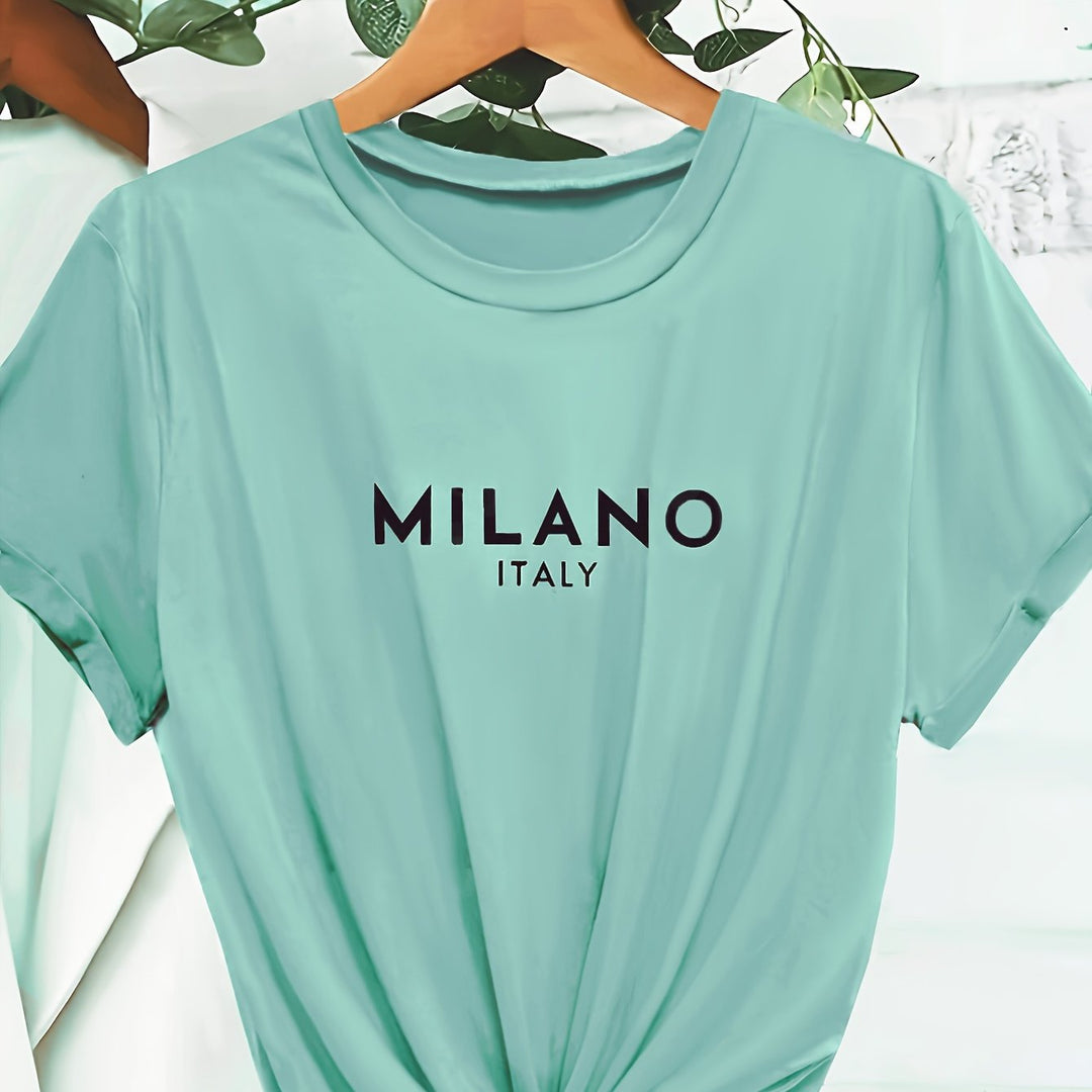 Milano Letter Print T-shirt, Casual Crew Neck Short Sleeve Top For Spring & Summer, Women's Clothing