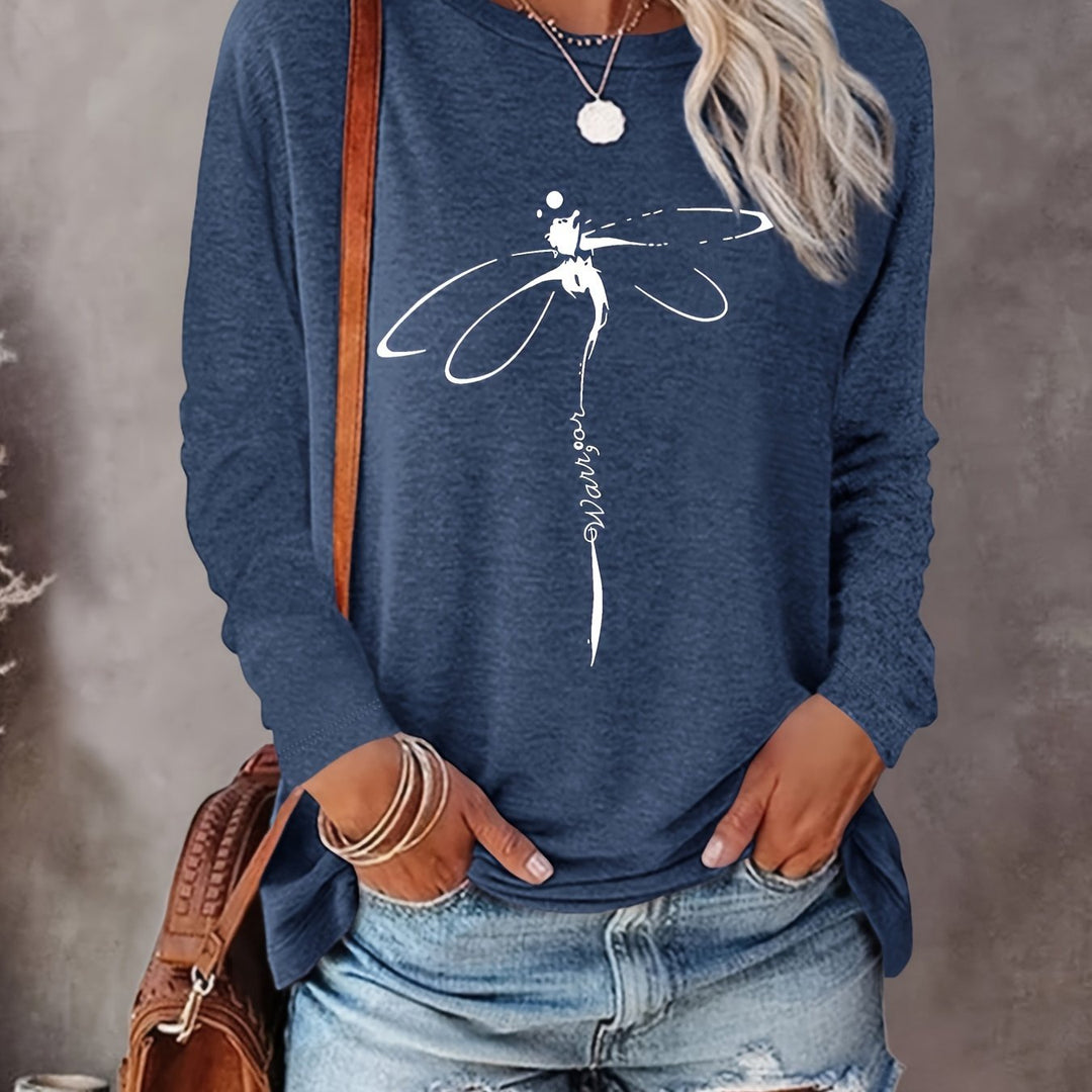 Dragonfly Print Crew Neck Pullover Sweatshirt, Casual Long Sleeve Sweatshirt For Spring & Fall, Women's Clothing