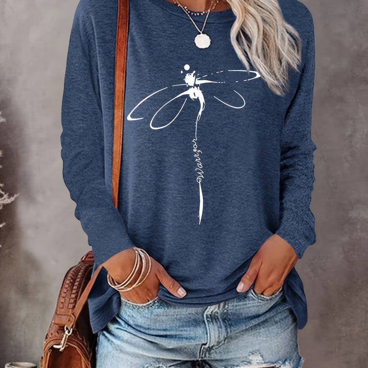 Dragonfly Print Crew Neck Pullover Sweatshirt, Casual Long Sleeve Sweatshirt For Spring & Fall, Women's Clothing