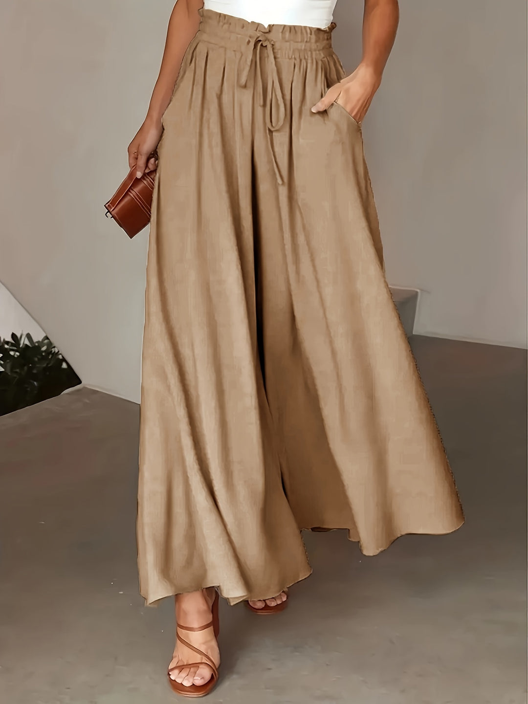 Chic Elastic Waist Tied Wide Leg Pants - Casual Loose Fit for Spring & Summer - Comfortable Womens Clothing