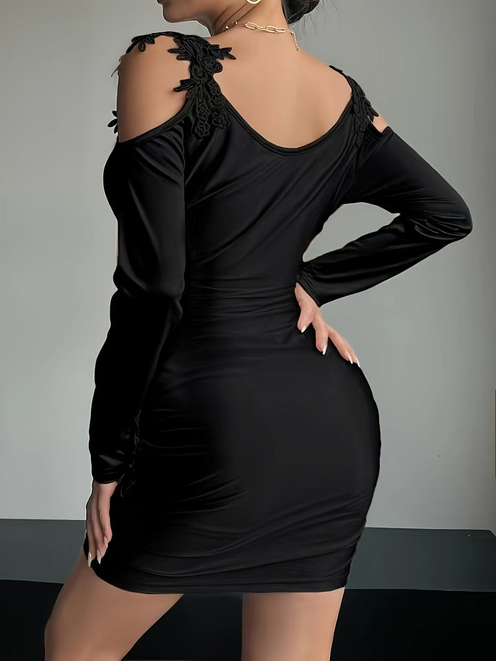 Elegant Satin Dress for Women - V-Neck, Off-Shoulder, Bodycon Style, Solid Color, Polyester and Elastane Blend, Knit Fabric, All Seasons