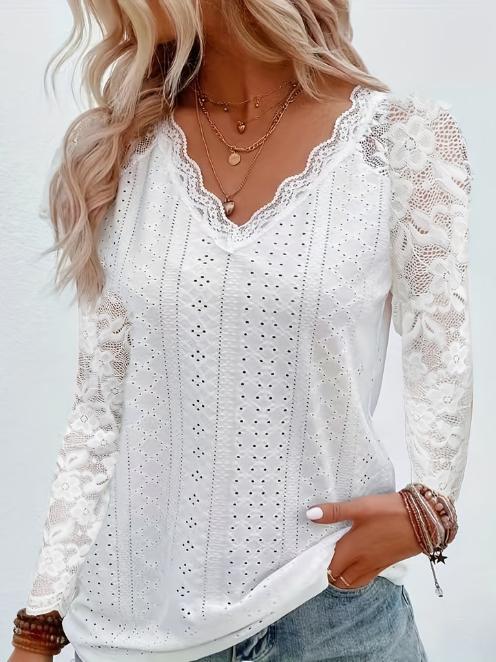 Contrast Lace V-neck Eyelet T-Shirt, Elegant Long Sleeve T-Shirt For Spring & Fall, Women's Clothing