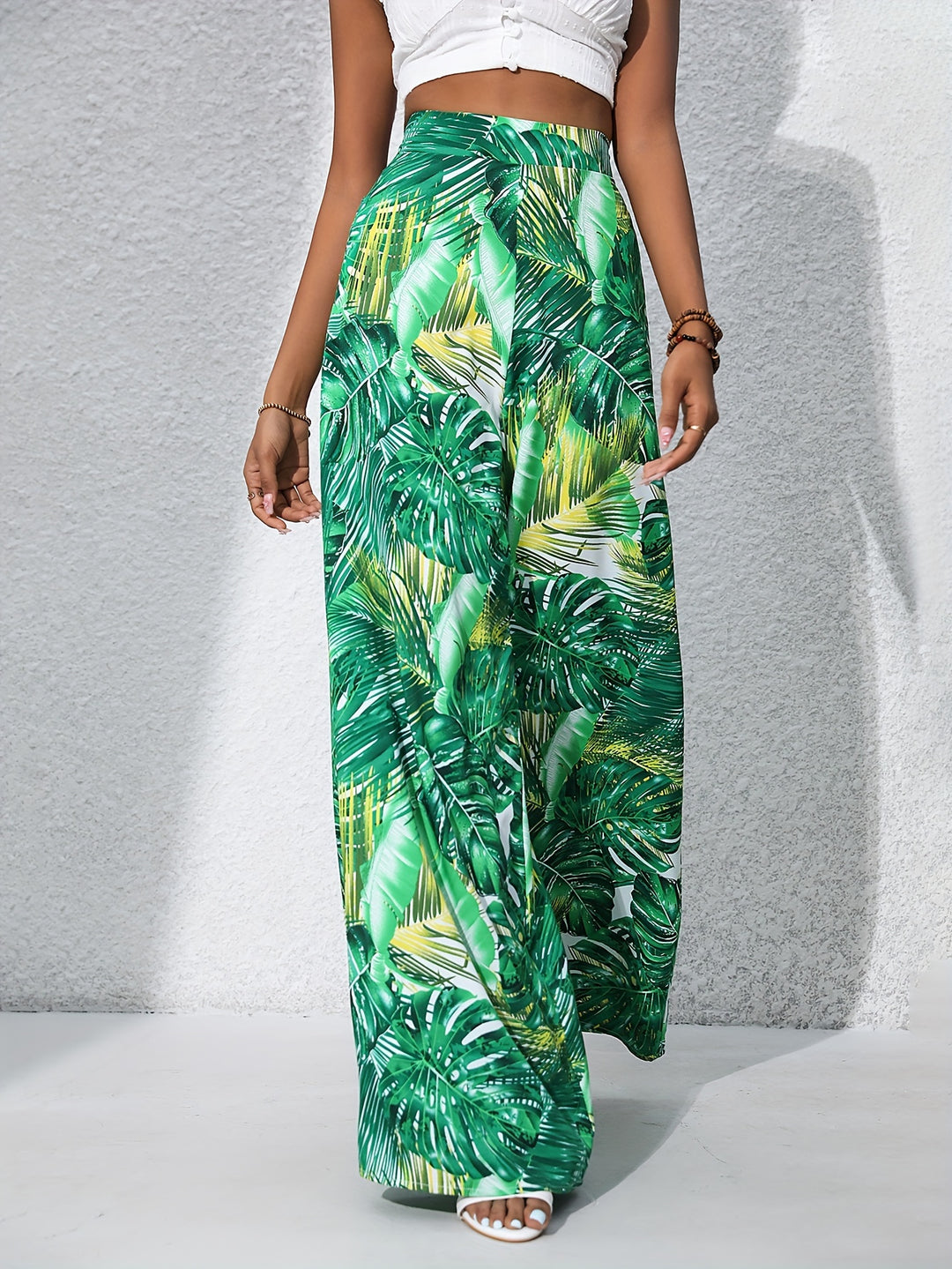 Bohemian Chic Plants Print Palazzo Pants - Casual High Waist Elastic Wide Leg - Perfect for Summer Beach Vacations - Comfortable Womens Clothing