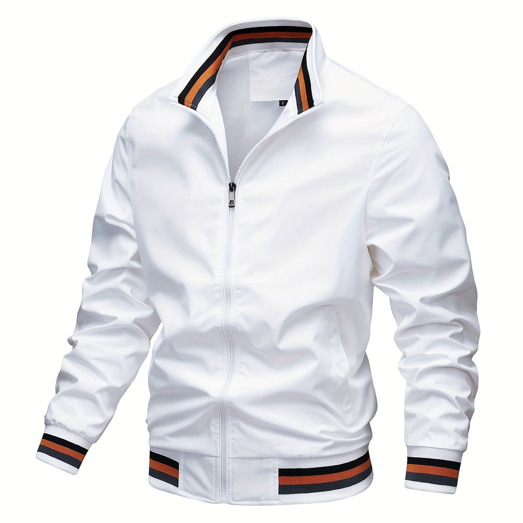 Stripe Edge Bomber Jacket, Men's Casual Stand Collar Zip Up Jacket For Spring Summer Outdoor