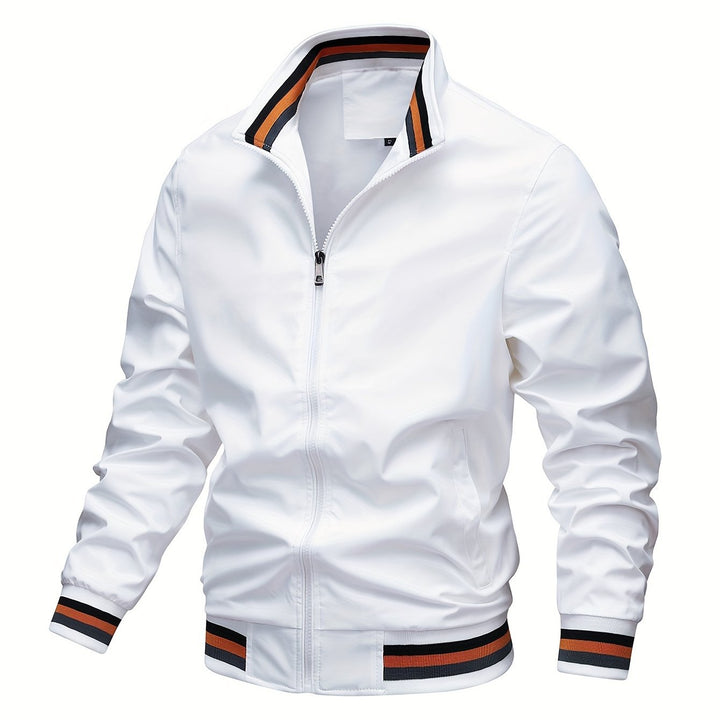 Stripe Edge Bomber Jacket, Men's Casual Stand Collar Zip Up Jacket For Spring Summer Outdoor