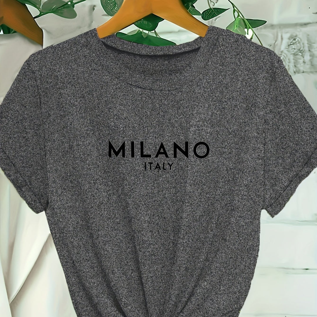 Milano Letter Print T-shirt, Casual Crew Neck Short Sleeve Top For Spring & Summer, Women's Clothing