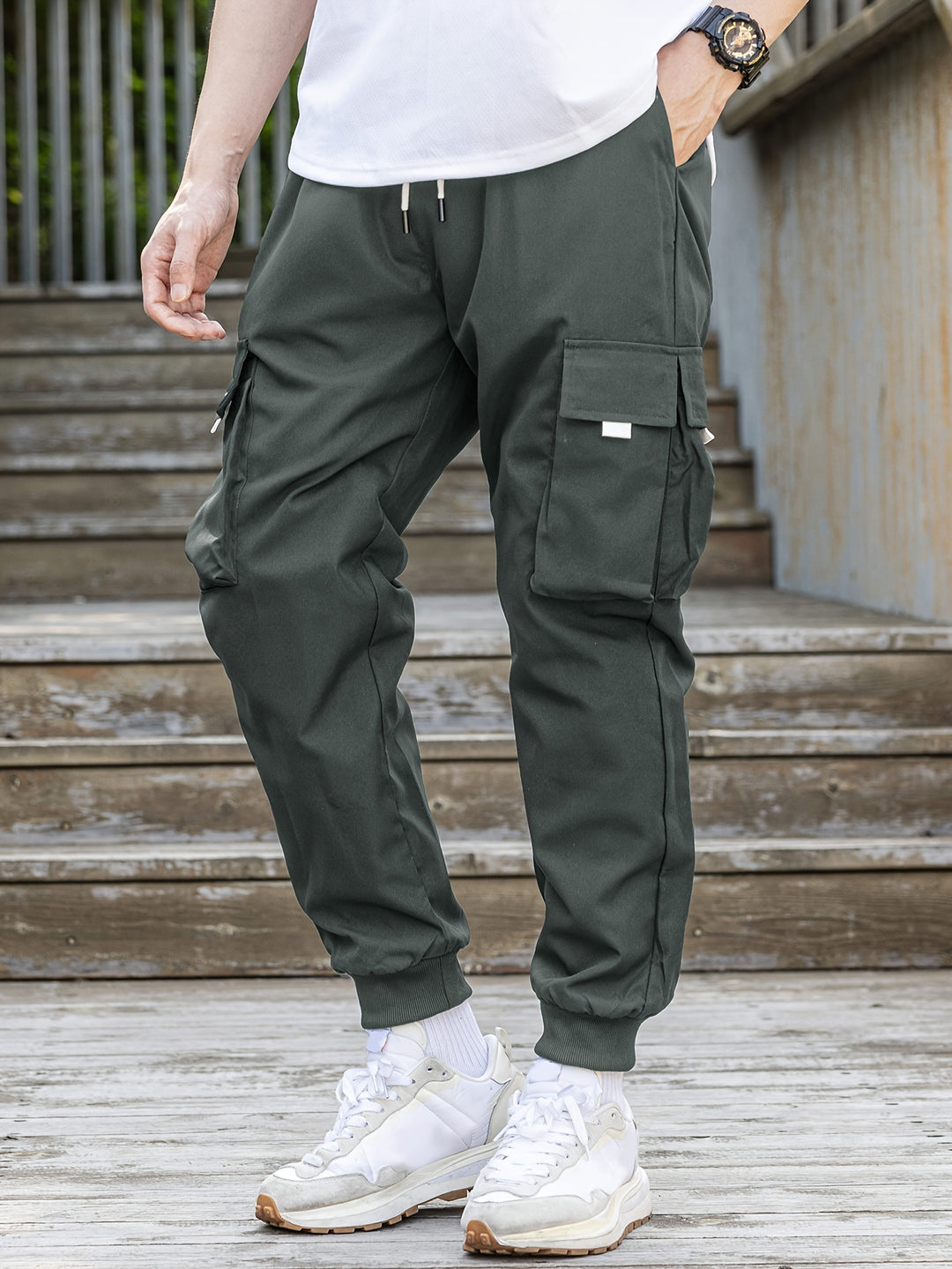 Loose Men's Comfy Cargo Pants With Flap Pockets, Drawstring Jogger Pants