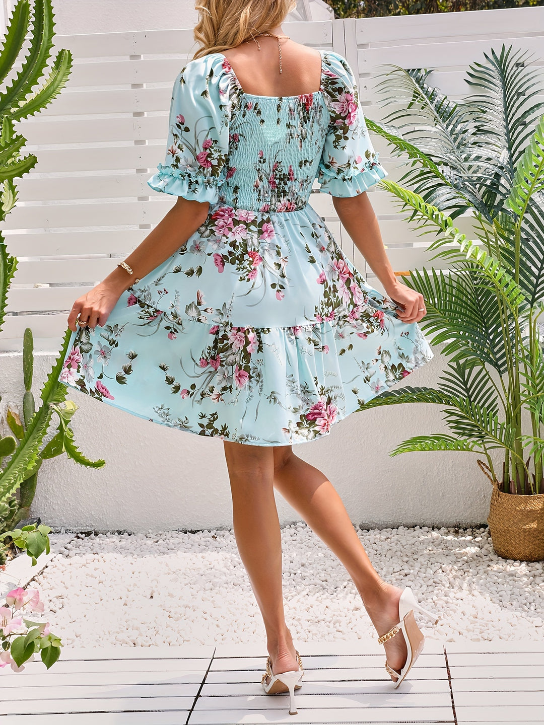 Floral Print Square Neck Shirred Dress, Elegant Short Sleeve Ruffle Hem A-line Dress for Spring & Summer, Women's Clothing