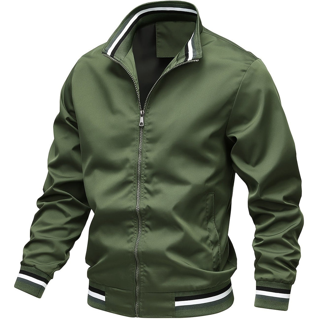 Stripe Edge Bomber Jacket, Men's Casual Stand Collar Zip Up Jacket For Spring Summer Outdoor