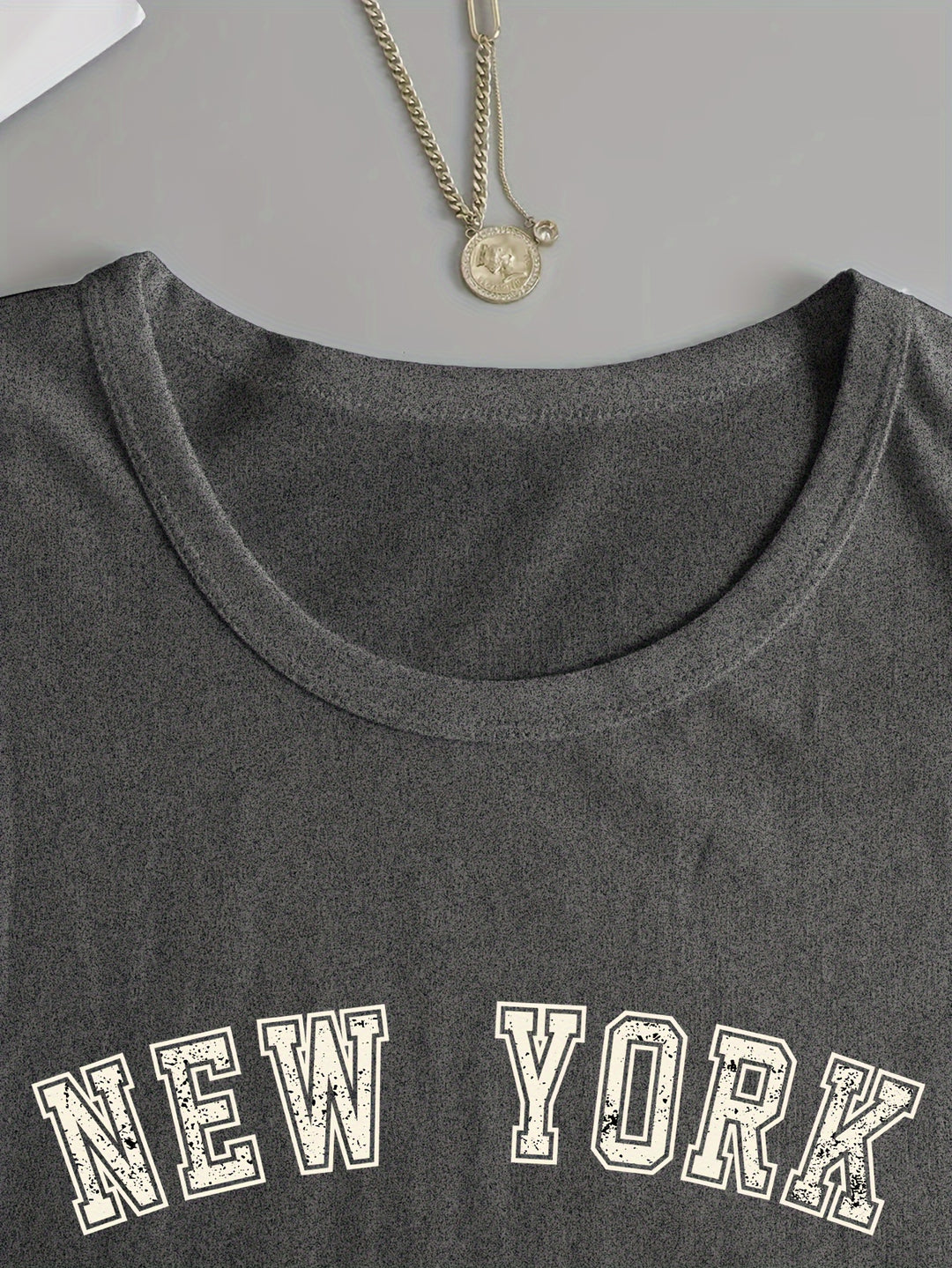 New York Print Crew Neck T-shirt, Casual Long Sleeve Top For Spring & Fall, Women's Clothing