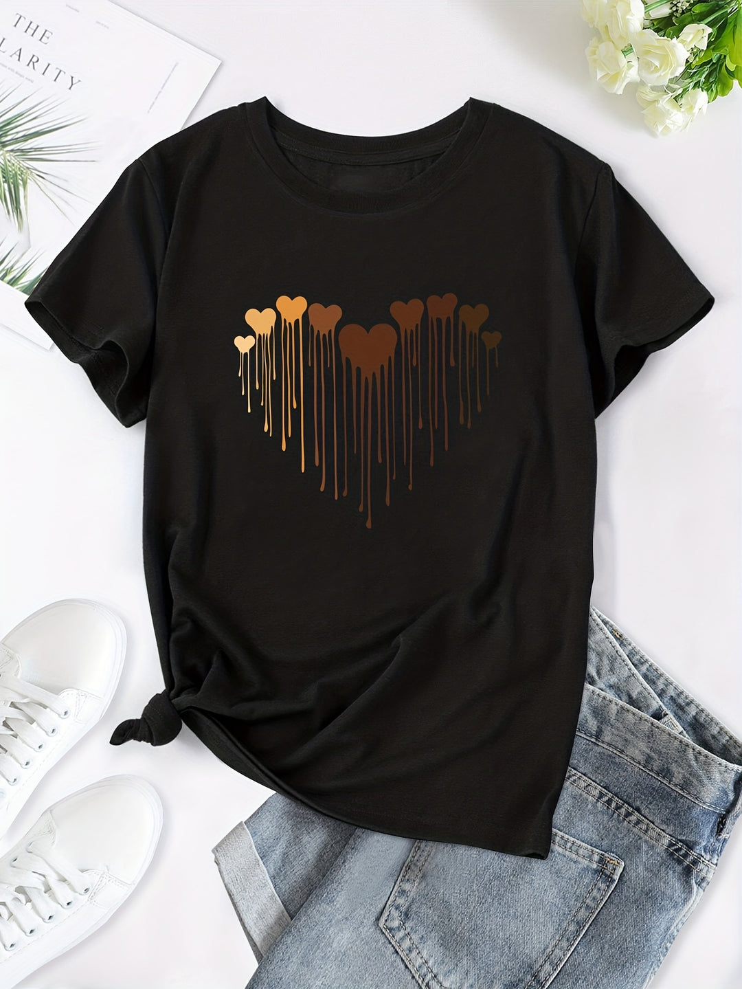 Plus Size Casual T-shirt, Women's Plus Love Heart Graphic T-shirts